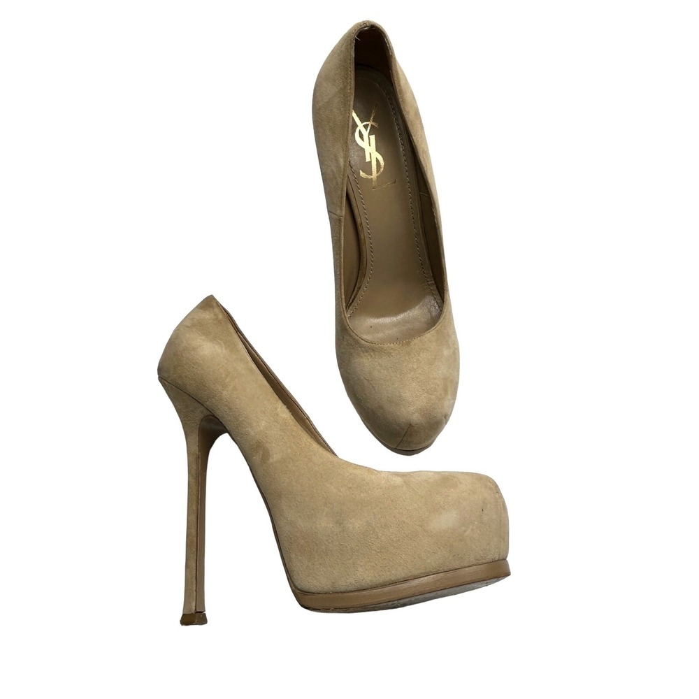 YSL Yves Saint Laurent Suede Platform Pumps Beige Size 39 (US 8.5) Italy VTG Y2K